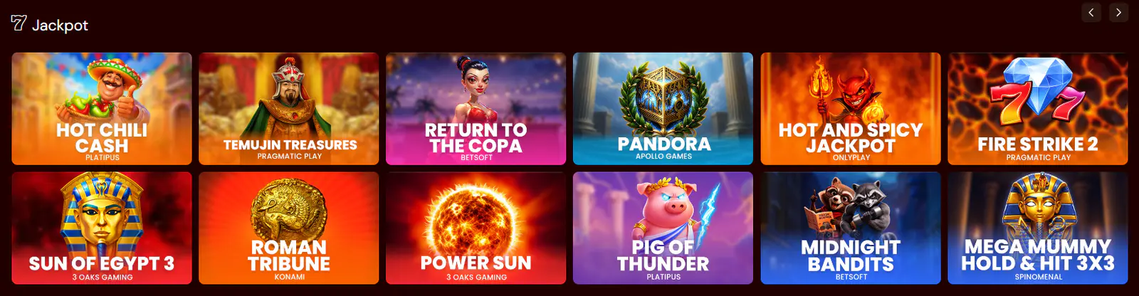 SpinsCastle jackpot games catalogue featuring themed slots and jackpot titles