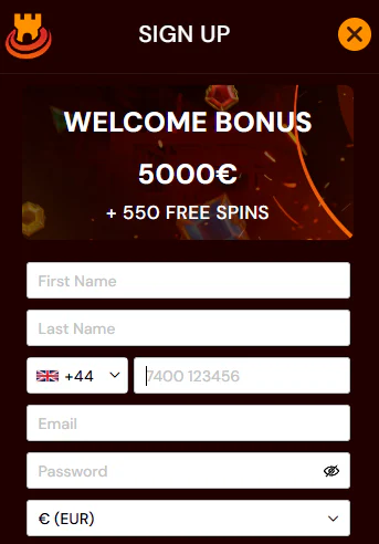 SpinsCastle sign-up form with welcome bonus banner, personal details fields and currency selector