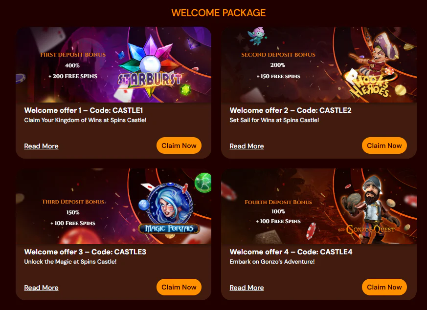 SpinsCastle welcome package featuring four deposit bonuses, promo codes and free spins